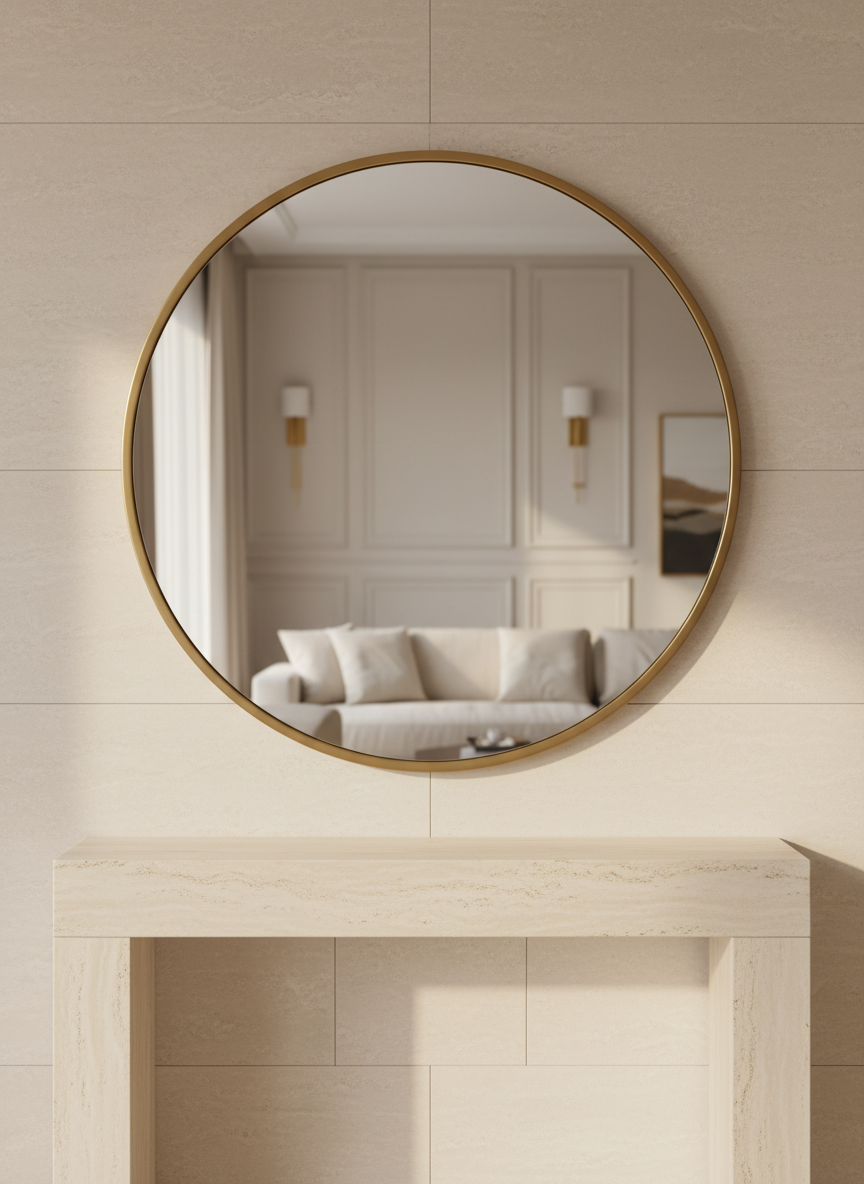 A large, round decorative mirror with a slim brushed brass frame and flawless crystal-clear glass, mounted above a low travertine console in a serene modern living room. The mirror reflects a softly blurred hint of architectural molding and neutral-toned furnishings, suggesting scale and openness without revealing specific details. Afternoon natural light pours in from an unseen window to the left, creating gentle highlights along the metal edge and subtle shadows on the pale stone wall. Shot at eye level with a slightly off-center, rule-of-thirds composition, photographic realism, sharp focus on the mirror’s craftsmanship, with a refined, calm atmosphere and a softly defocused luxury interior in the background.
