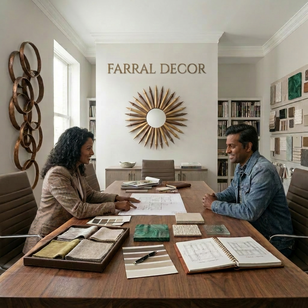 Four people sitting at a table reviewing floor plans and fabric samples in an interior design office