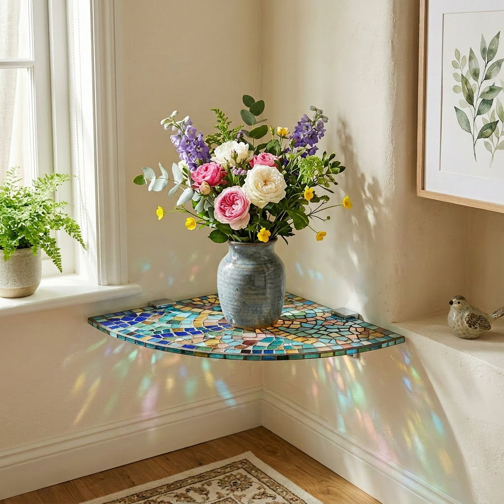 Glass corner shelf holding a ceramic vase with pink, white, purple, and yellow flowers.