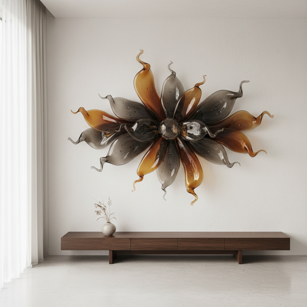 Handcrafted glass wall art piece with organic flowing shapes in amber and smoke tones